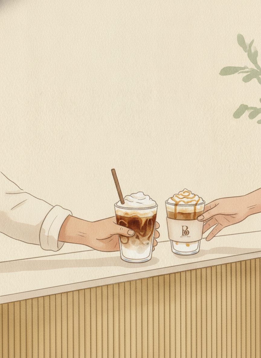 Watercolor illustration of a barista handing an iced latte across the Barista Bhai cart counter, a second caramel iced latte in a monogrammed cup sleeve beside it