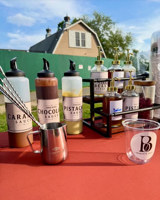 Caramel, chocolate, and pistachio syrup station